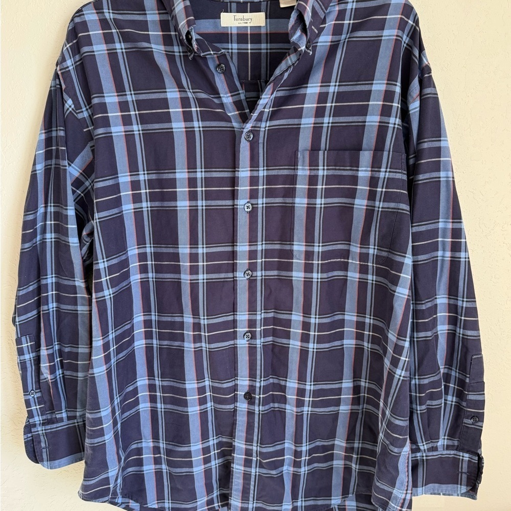Men’s L Blue Turnburry Plaid, Casual, Fall, Lightweight, Preppy, Button Up
